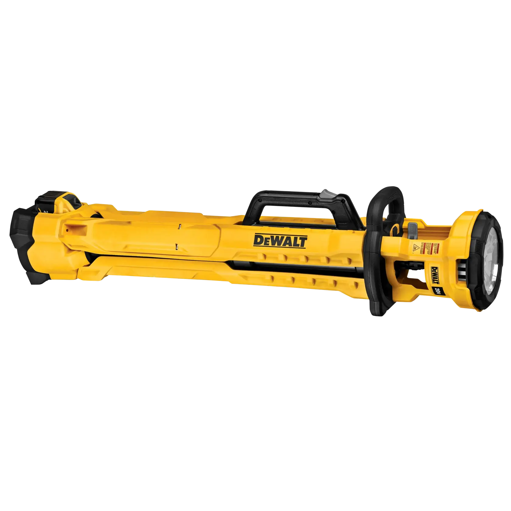 A yellow DEWALT portable LED work light, model DCL079R1, shown in a folded position with a handle for easy transport.