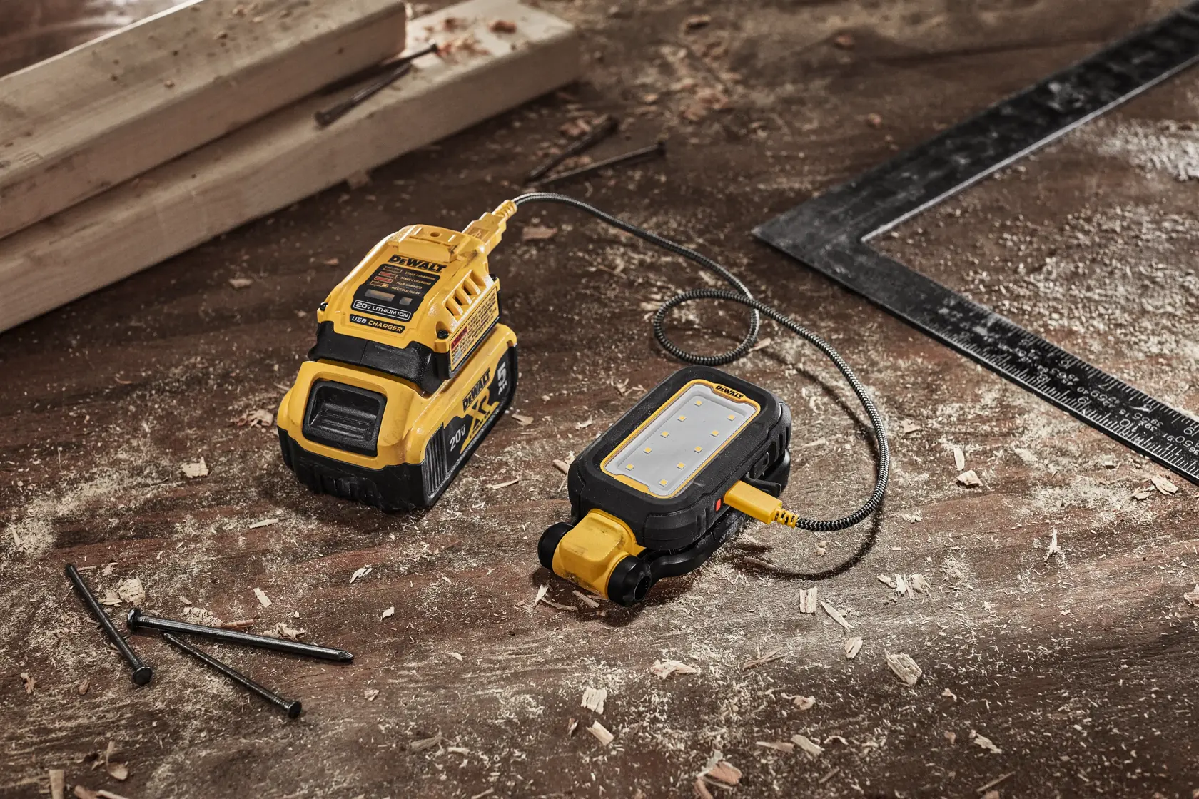 A DEWALT portable LED work light, model DCL182, connected to a power source, is placed on a dusty workbench with wood shavings, nails, and measurement tools around.