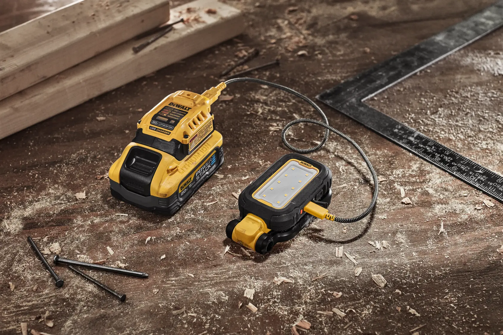 A DEWALT DCL182 portable LED work light connected to a battery pack is placed on a dusty wooden workbench, surrounded by nails, wood shavings, and a metal measuring square.