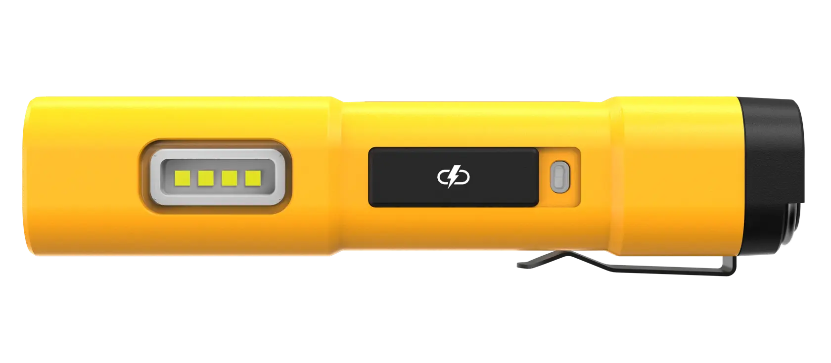 A yellow DEWALT DCL183 LED flashlight with a black clip and side button, designed for portable use.