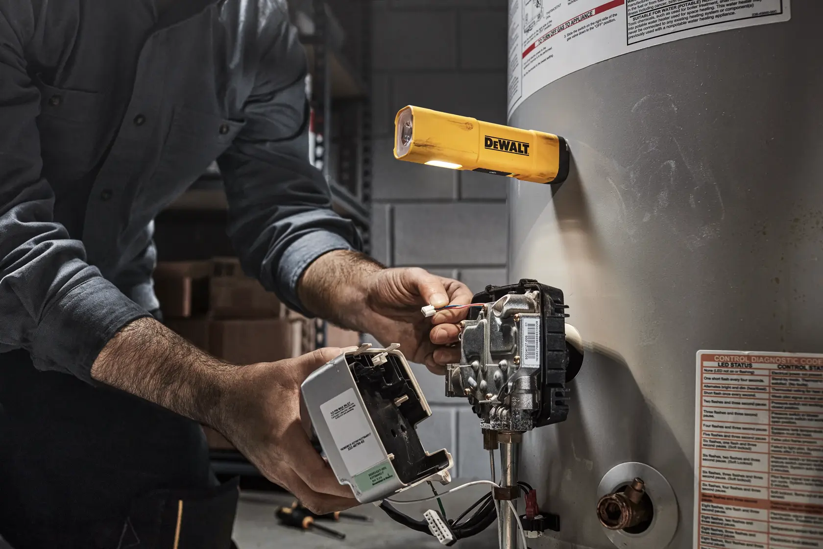 A person uses tools to repair or install a component on a large metal appliance, illuminated by a yellow DEWALT flashlight attached to the appliance.