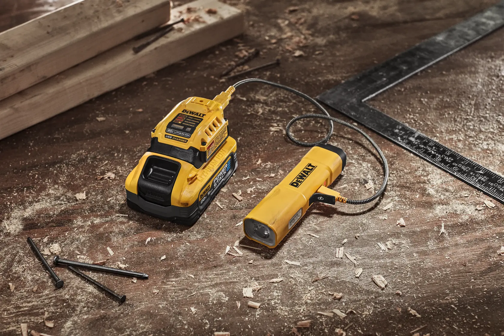 A DEWALT DCL183 portable work light with battery on a workshop table, surrounded by wood shavings, nails, and a metal square.