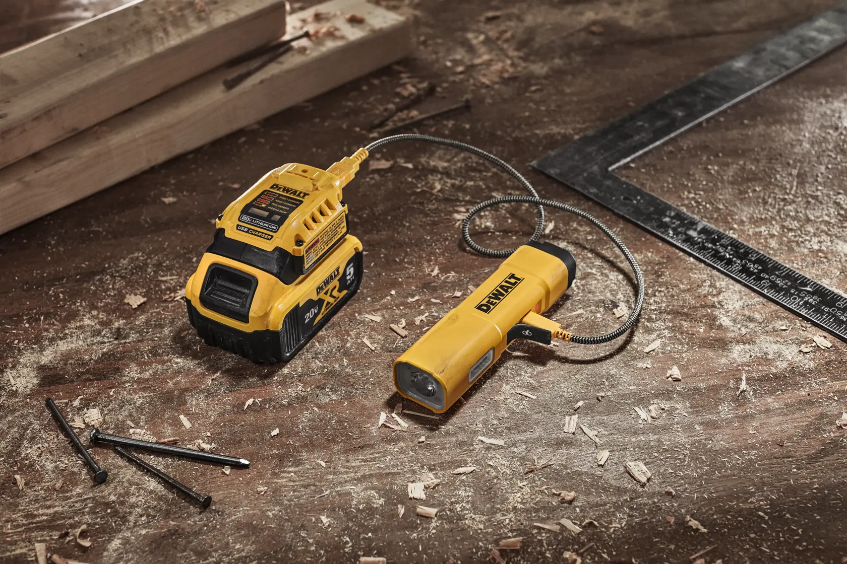 A DEWALT DCL183 rechargeable work light with flexible cable is connected to a DEWALT battery pack on a wooden workshop table. Nearby are wooden planks, a square ruler, and several nails scattered among wood shavings.