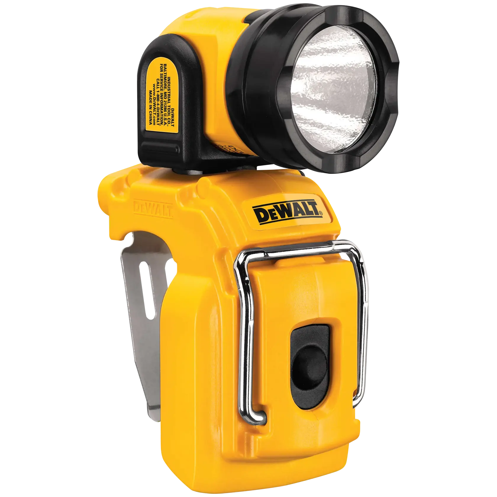 A yellow DEWALT portable LED work light with a black lamp head and a metal clip, designed for hands-free use.