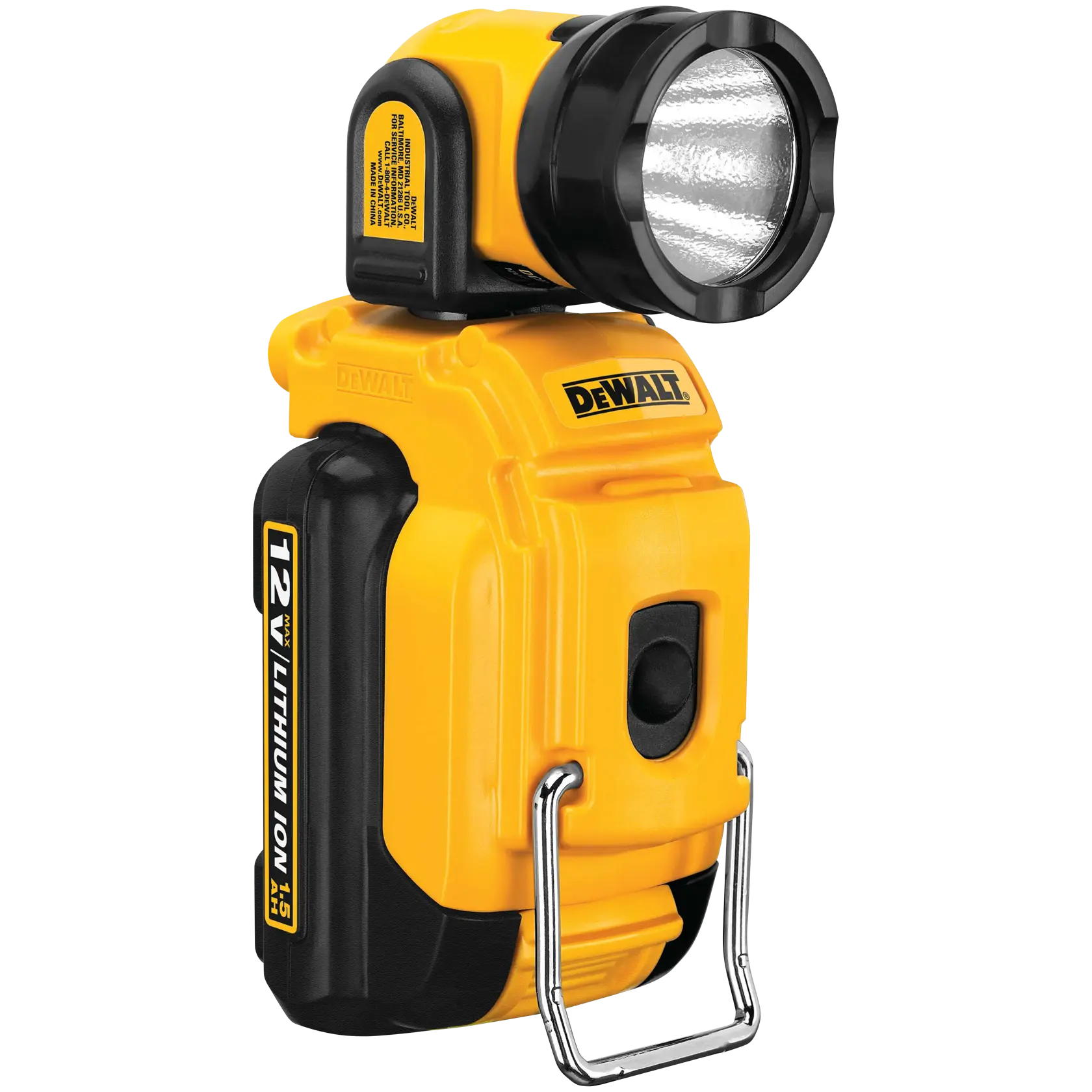 A DEWALT DCL510 12V lithium ion cordless LED work light in yellow and black, featuring an adjustable head and a metal hook for hanging.