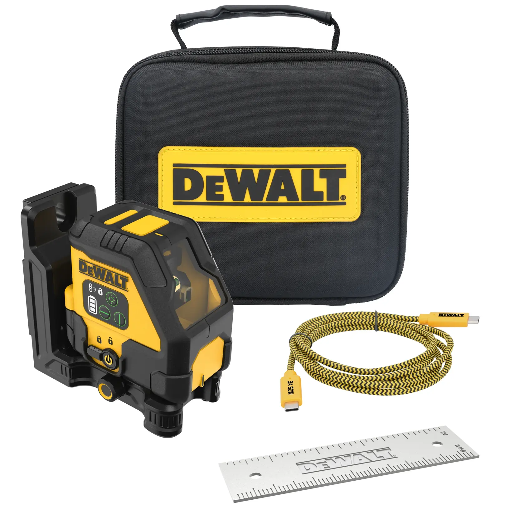 A DEWALT laser level kit, including a yellow and black laser level device, a black carrying case with a DEWALT logo, a USB cable, and a metal ruler, all arranged neatly.