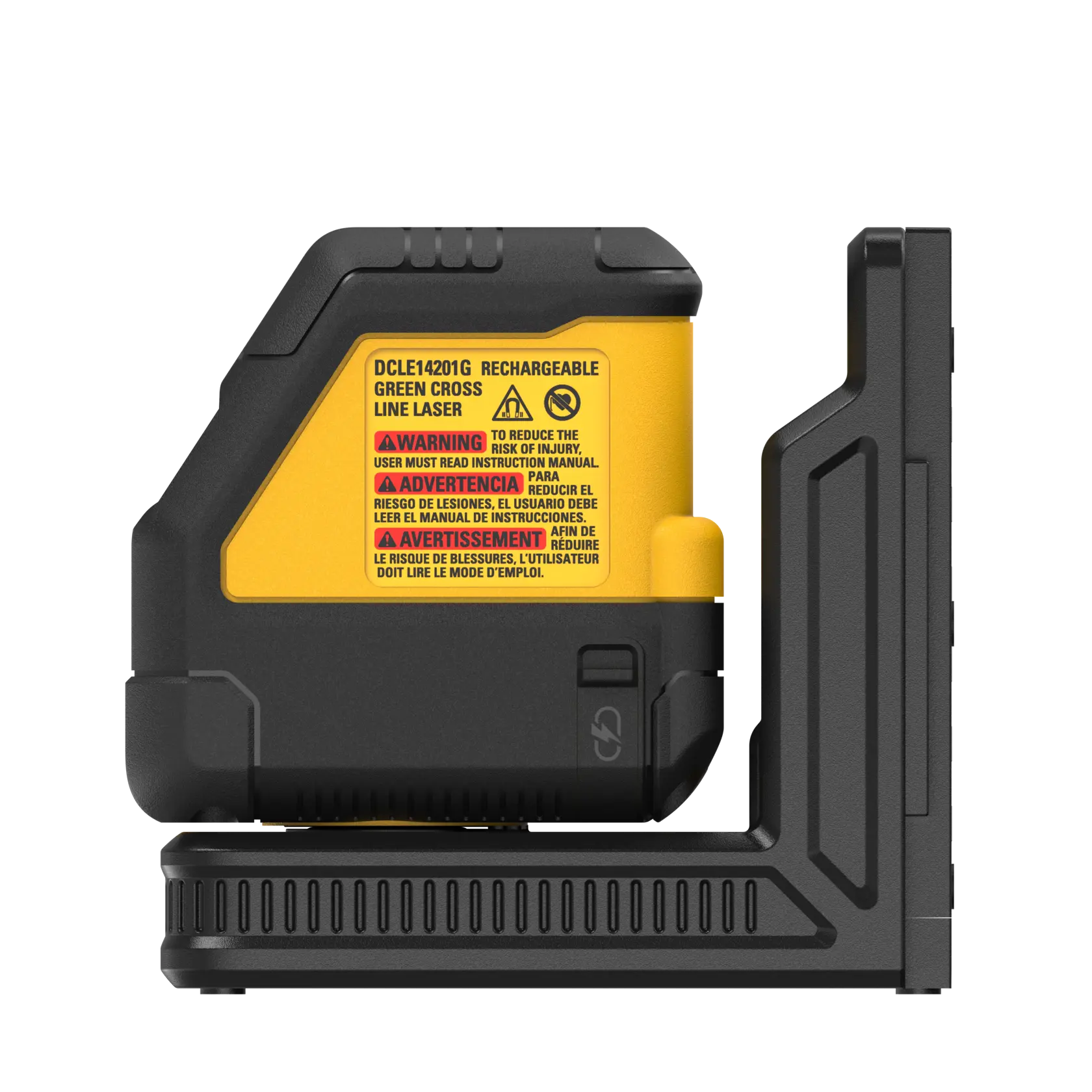 Side view of a DEWALT DCLE14201G rechargeable green cross line laser tool, featuring a yellow and black body with a warning label.