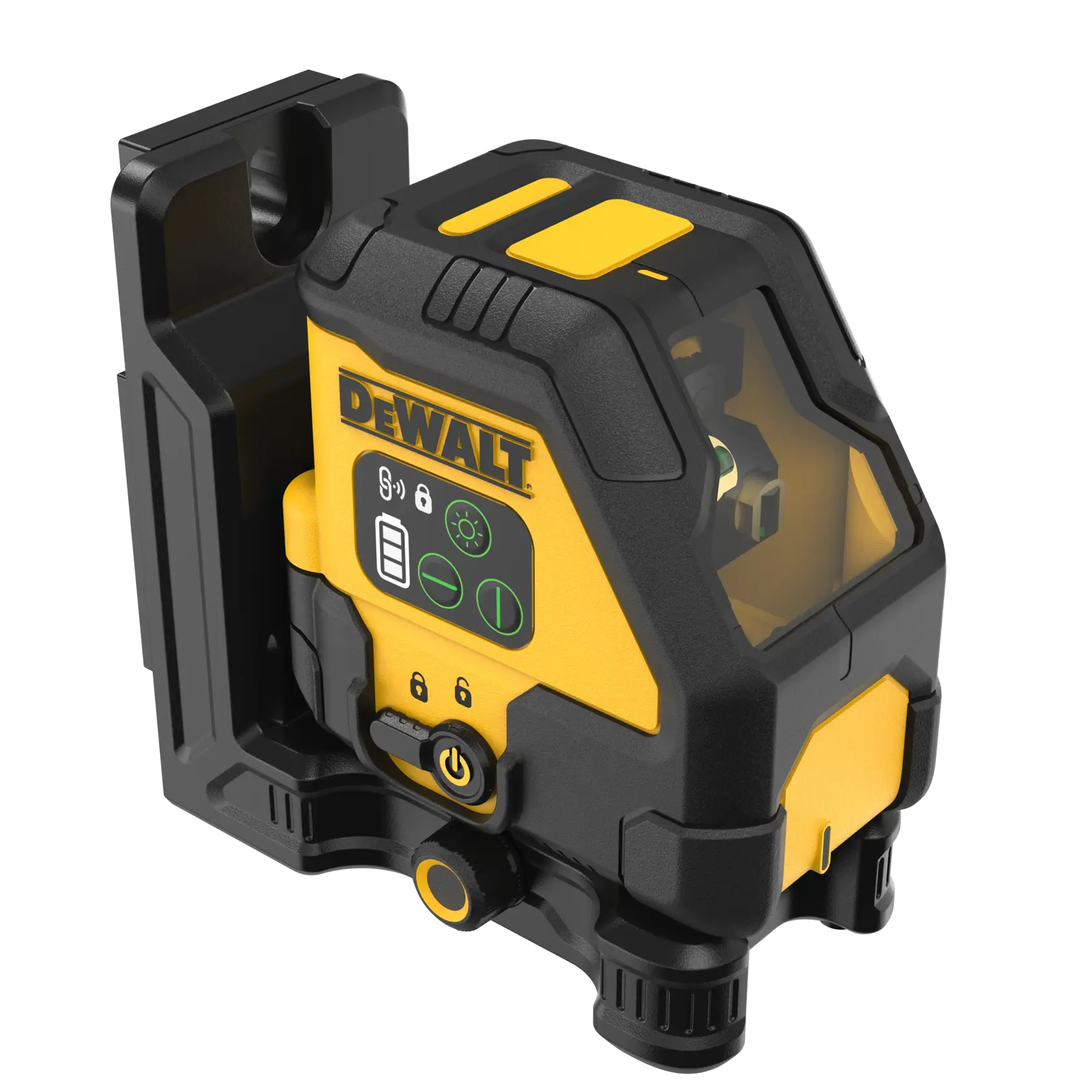 A DEWALT branded green line laser level with black and yellow casing, featuring control buttons and a mounting bracket, designed for accurate leveling and alignment in construction and photography.