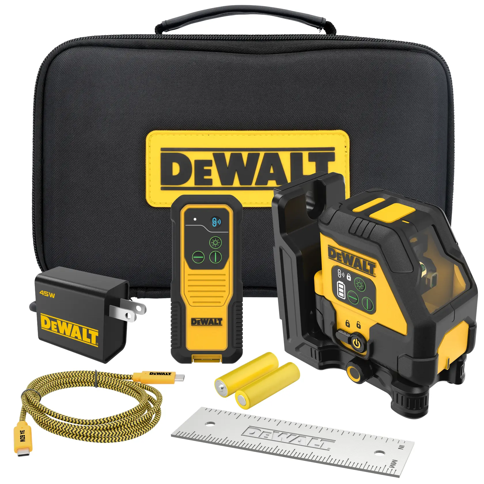 A DEWALT green laser level set with a carrying case, a laser level device, a detector, two rechargeable batteries, a USB charging cable, a 45W wall adapter, and a metal ruler, all arranged together.