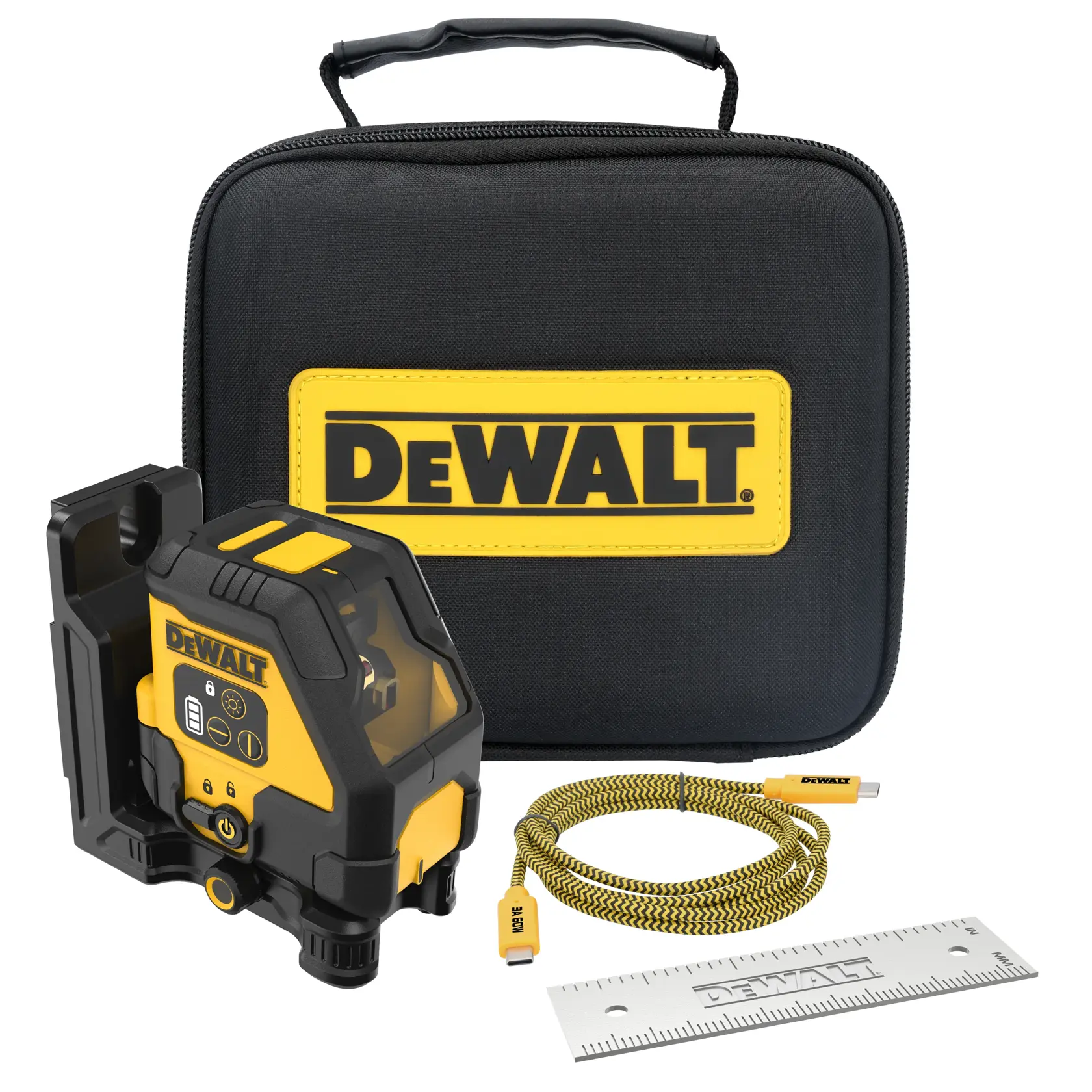 DEWALT laser level kit including a black and yellow laser level device, a sturdy carrying case with handle and DEWALT logo, a yellow USB-C charging cable, and a metal ruler.