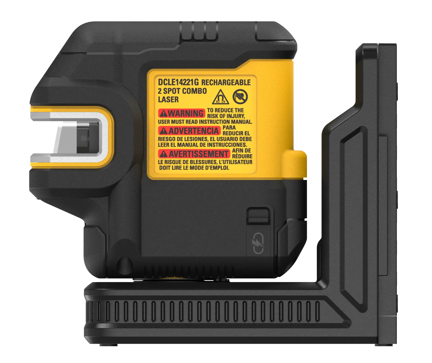 Side view of a DEWALT DCLE14221G rechargeable 2 spot combo laser level, showing the laser window and a warning label on the yellow body. The device is mounted on a black base.
