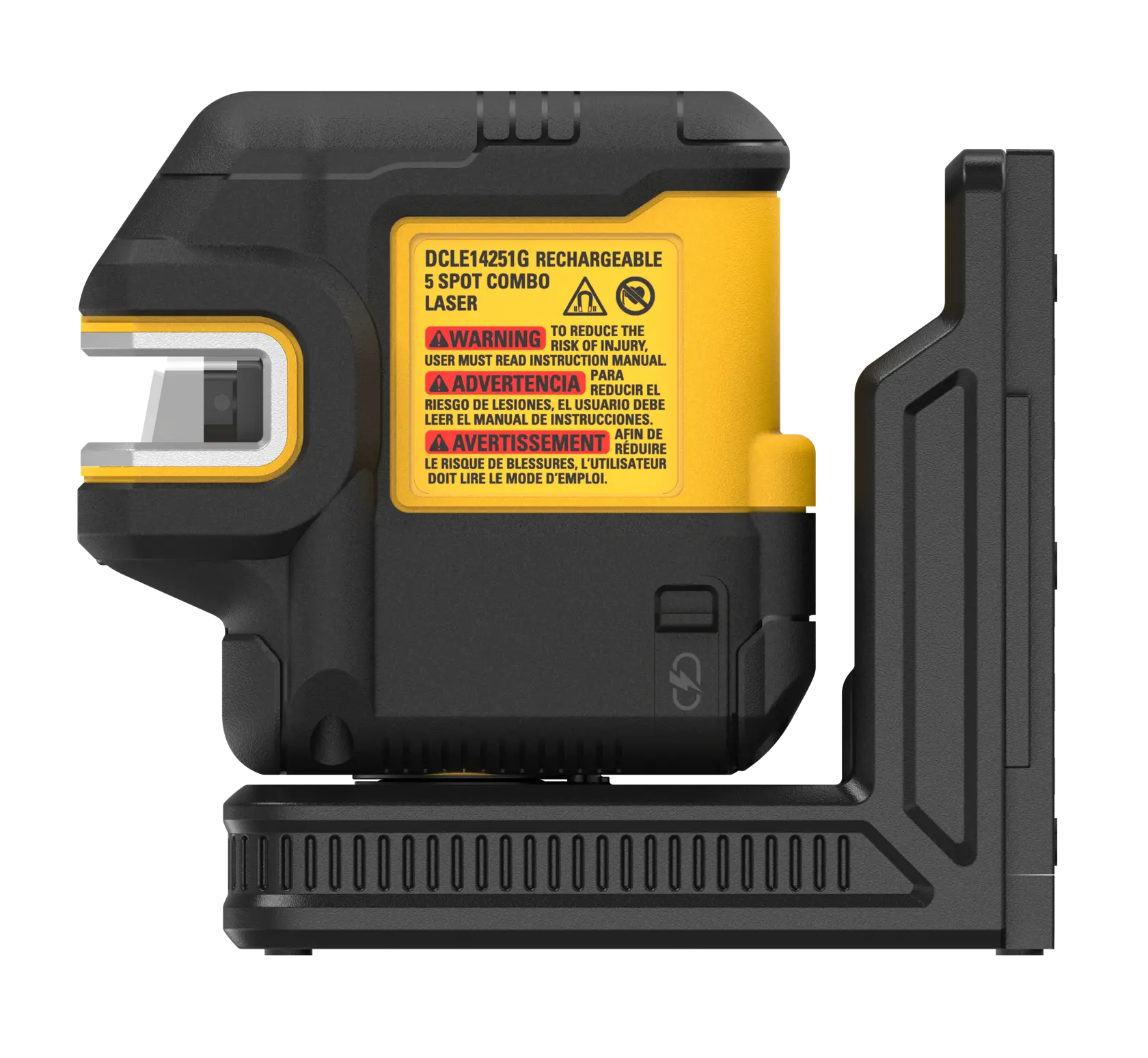 Side view of a DEWALT DCLE14251G rechargeable 5 spot combo laser tool, showing its yellow and black casing with a warning label displayed on the side and mounted on a black base.