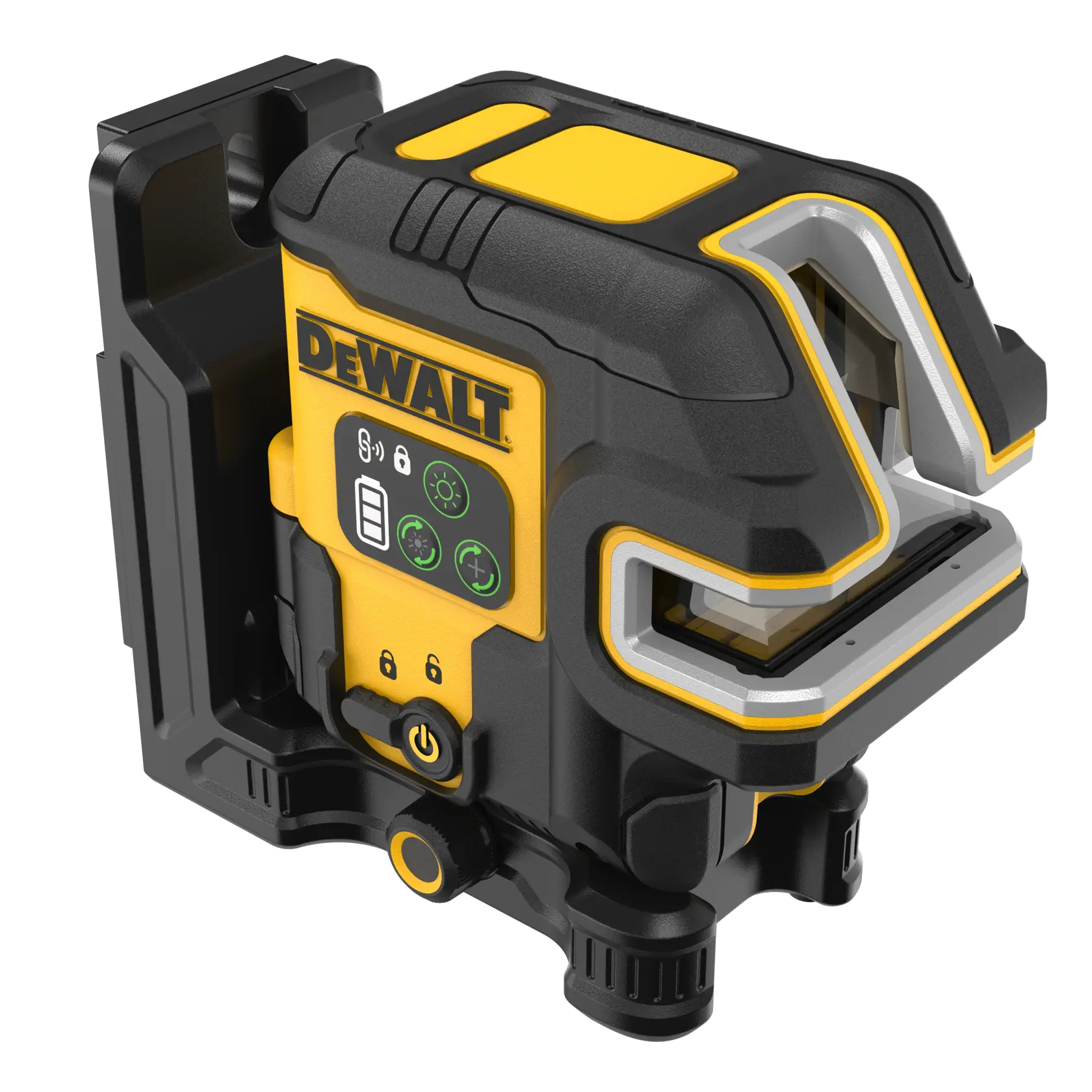 A DEWALT DCLE14251G green cross line laser level with a robust black and yellow body, control buttons on the front, and mounting bracket attached, designed for professional alignment and leveling tasks.