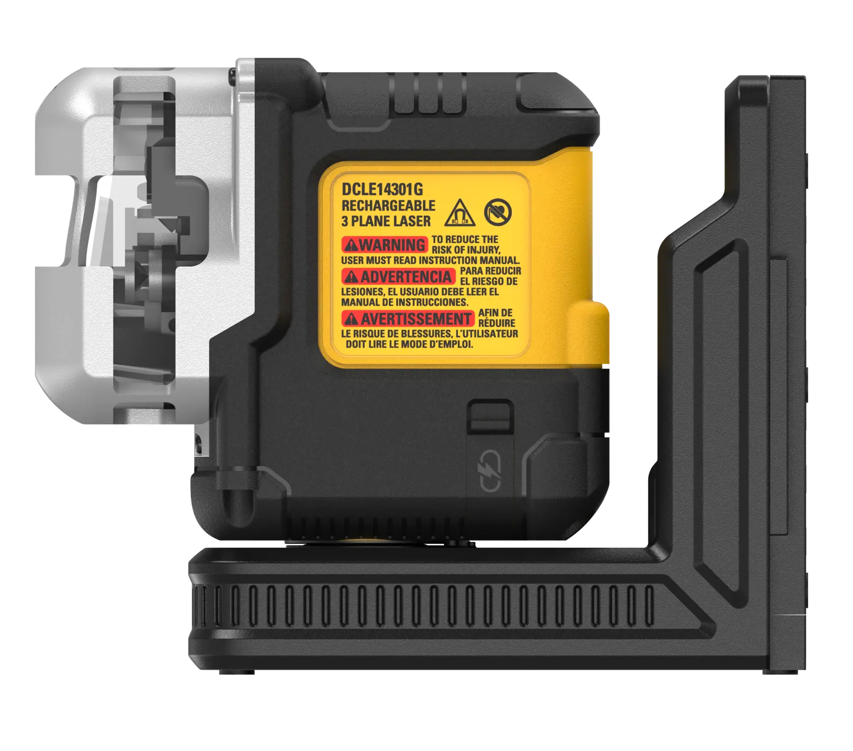 Side view of a DEWALT DCLE14301G rechargeable 3 plane laser level, showing its solid construction with yellow and black casing, warning label, and mounting bracket.