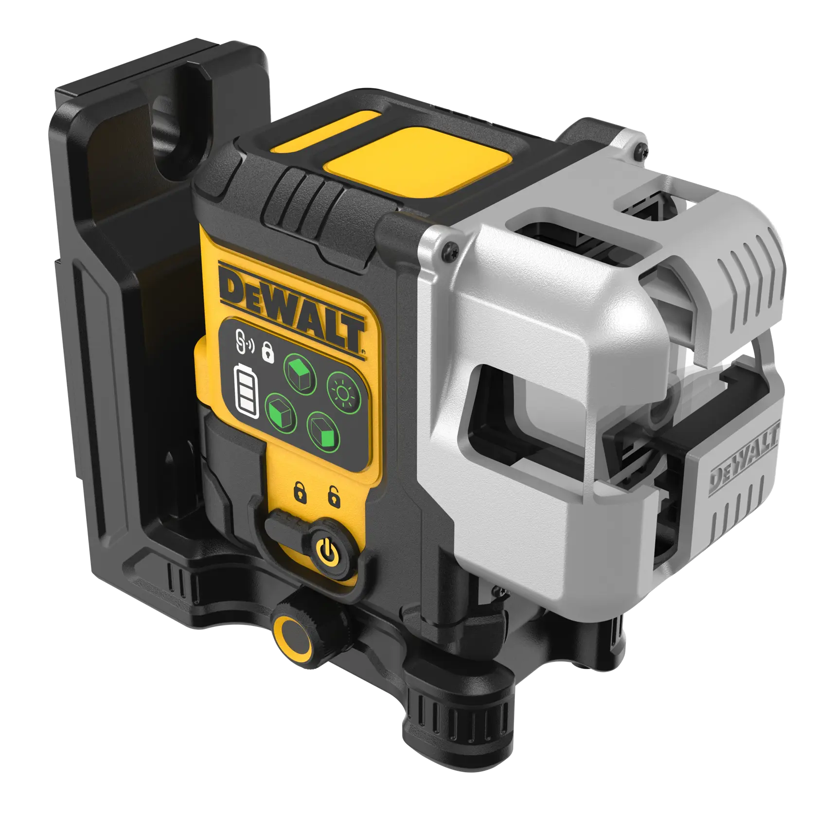 DEWALT green cross line laser level with a mounting bracket, model DCLE14301G. The device features a digital control panel, durable housing in yellow, black, and silver, and is used for precise alignment and leveling in photography and construction.