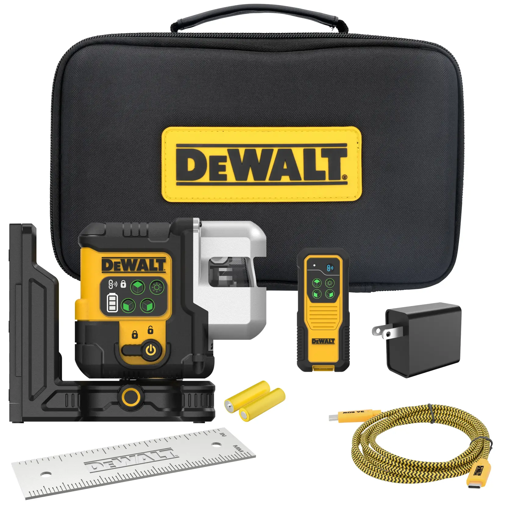 DEWALT DCLE14301G green line laser level kit with accessories, including a protective carrying case, laser level tool, remote control, charger, two batteries, braided USB charging cable, mounting bracket, and a metal ruler.