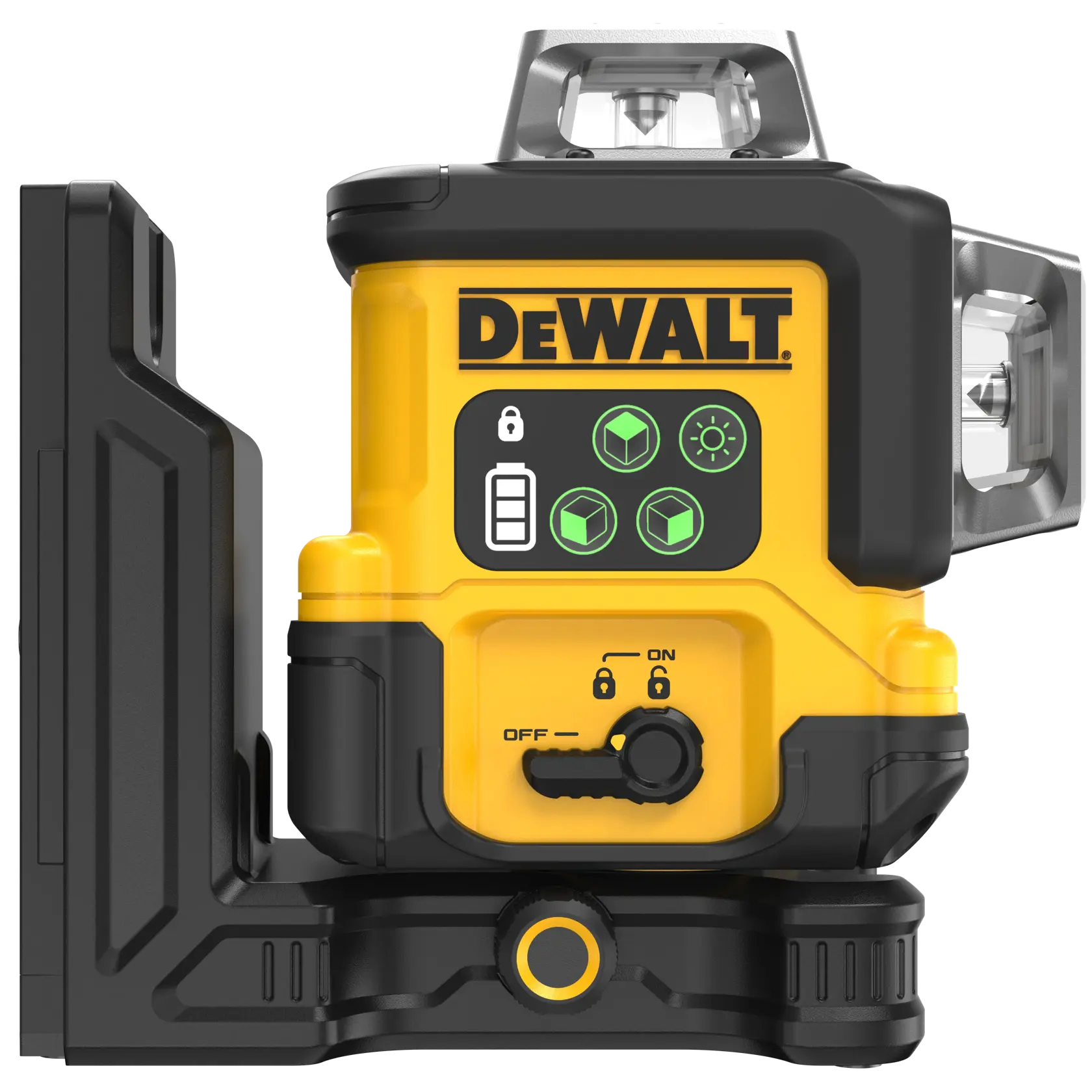 A DEWALT yellow and black laser level device with visible control buttons and battery indicator. The device is mounted on a black base and features protective covers around the laser components.