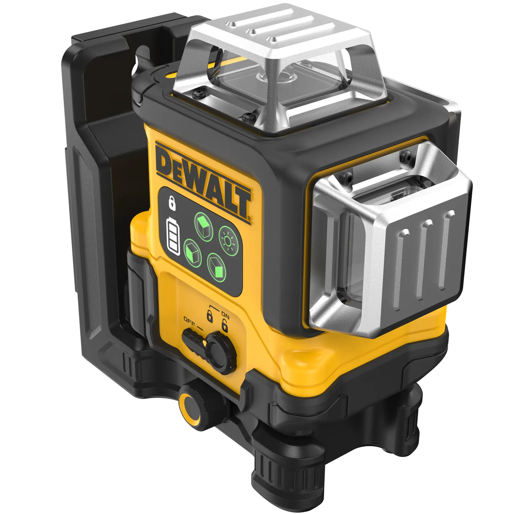 A DEWALT branded professional laser level device with yellow and black housing, featuring control buttons and a metal protective cage around the laser emitter.