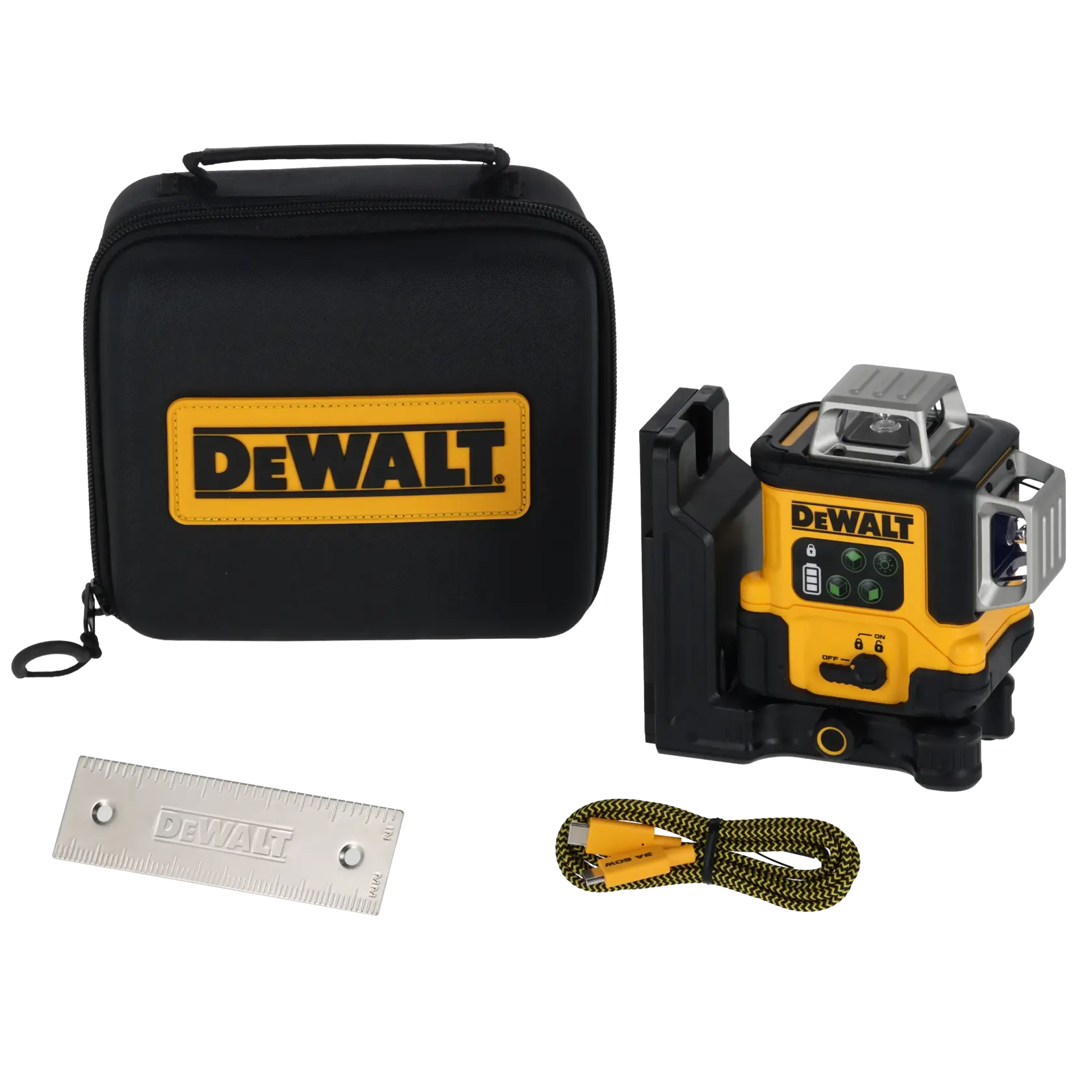 A DEWALT photography product set including a black and yellow carrying case with the DEWALT logo, a yellow and black laser level device, a metal ruler, and a yellow and black USB charging cable.