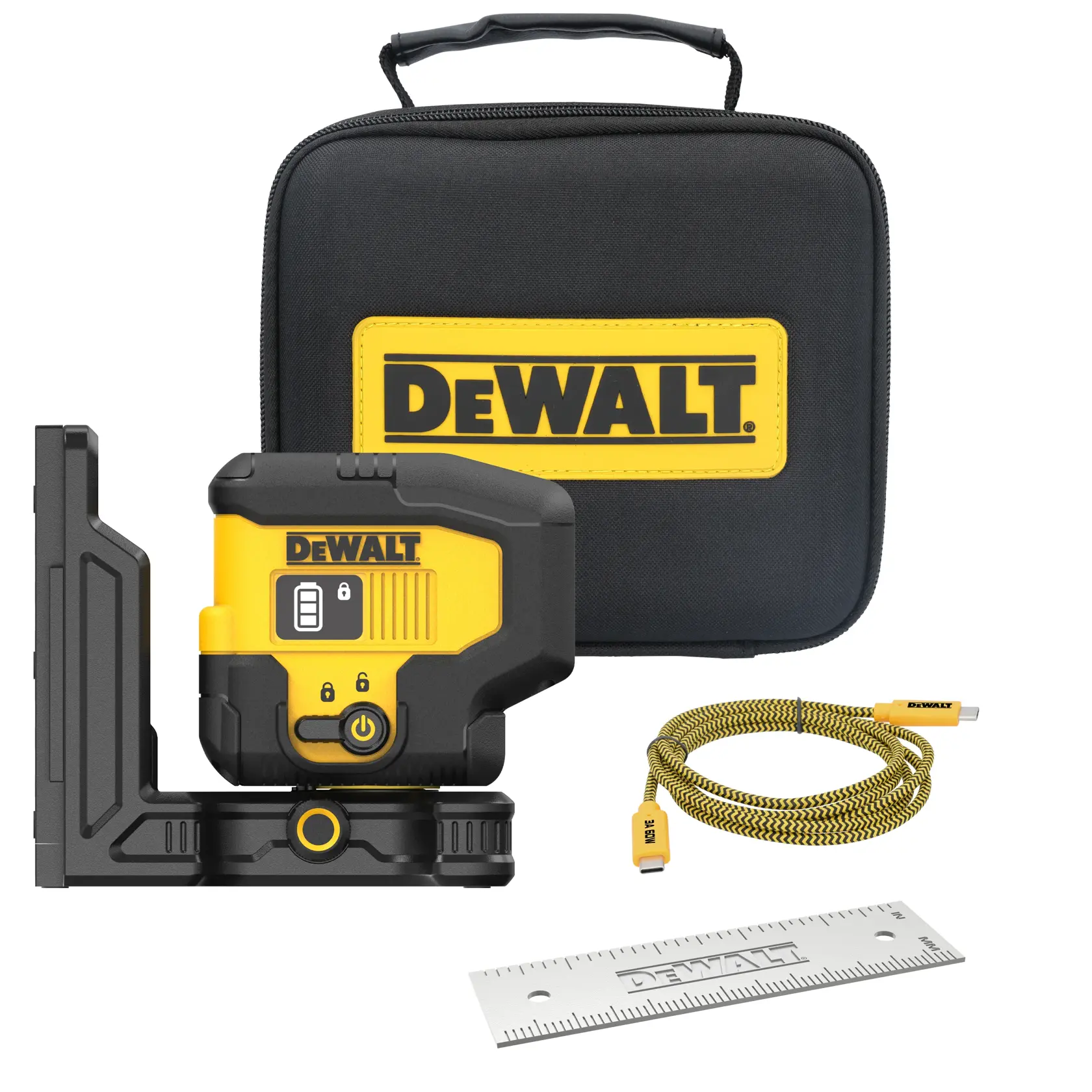 DEWALT laser level photography kit with a black carrying case, yellow and black laser level device, yellow and black USB cable, and a metal ruler.