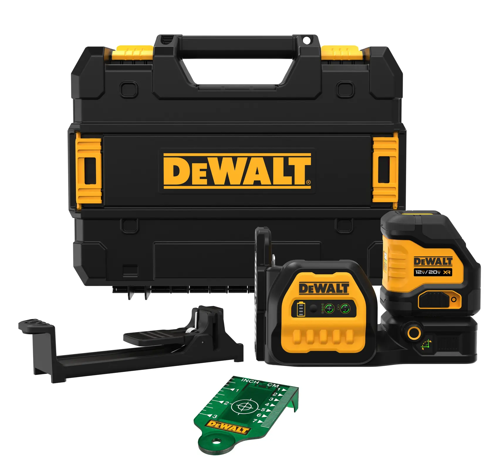 A DEWALT branded photography laser level kit, including a black and yellow hard carrying case, a laser level device, a battery pack, a mounting bracket, and a green measurement card.