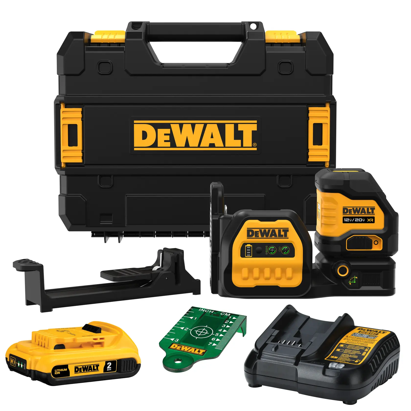 DEWALT laser level kit including a black and yellow hard carrying case, a laser level device, a lithium-ion rechargeable battery, a battery charger, a mounting bracket, and a green target card. All items are branded with the DEWALT logo.