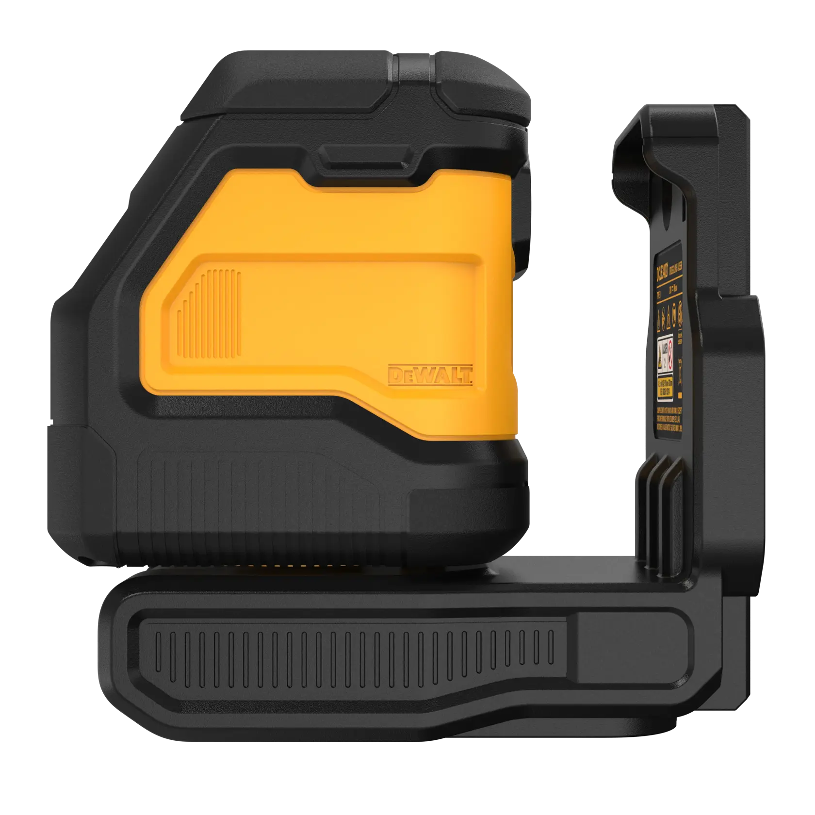 Side view of a DEWALT DCLE34021B laser level tool, featuring a compact, rugged black and yellow design commonly used for construction and alignment applications.