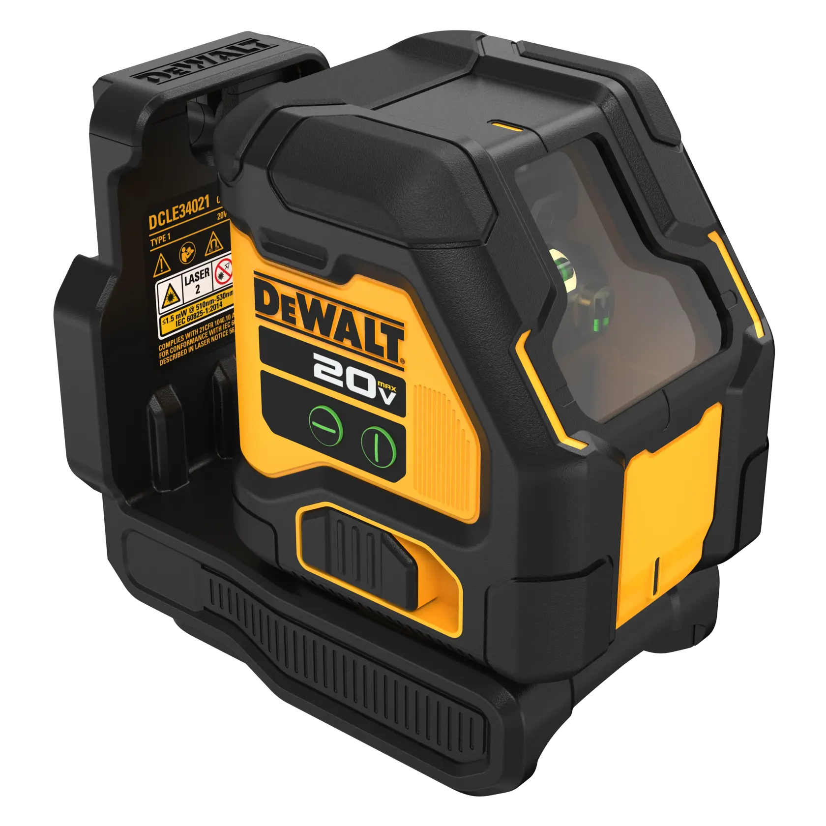 A DEWALT DCLE34021B 20V rechargeable laser level device, featuring a rugged black and yellow casing, two control buttons, and a transparent front window showing the laser components.