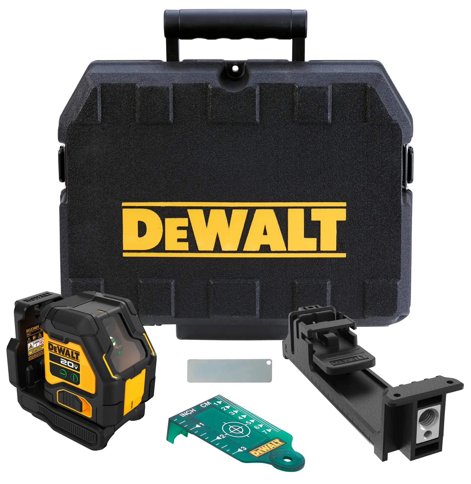 DEWALT laser level kit including a black hard carrying case with yellow DEWALT logo, a 20V laser level device, a wall mount, a green target card, and a small metal mounting plate.