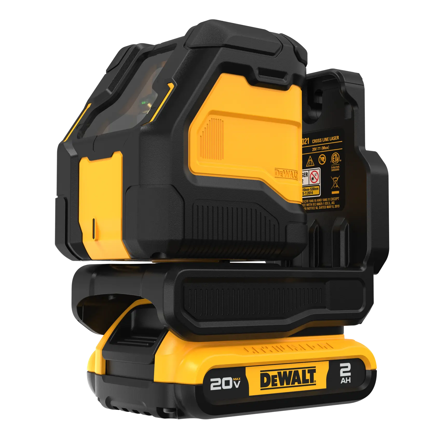 DEWALT DCLE34021D1 20V Cross Line Laser tool, featuring a robust yellow and black design with a 2 Ah battery, used for precise alignment in construction and photography applications.