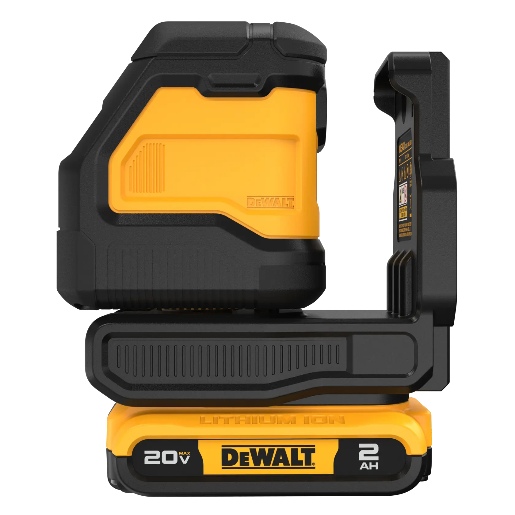 Side view of a DEWALT 20V lithium ion laser level device, model DCLE34021D1, with a yellow and black design.