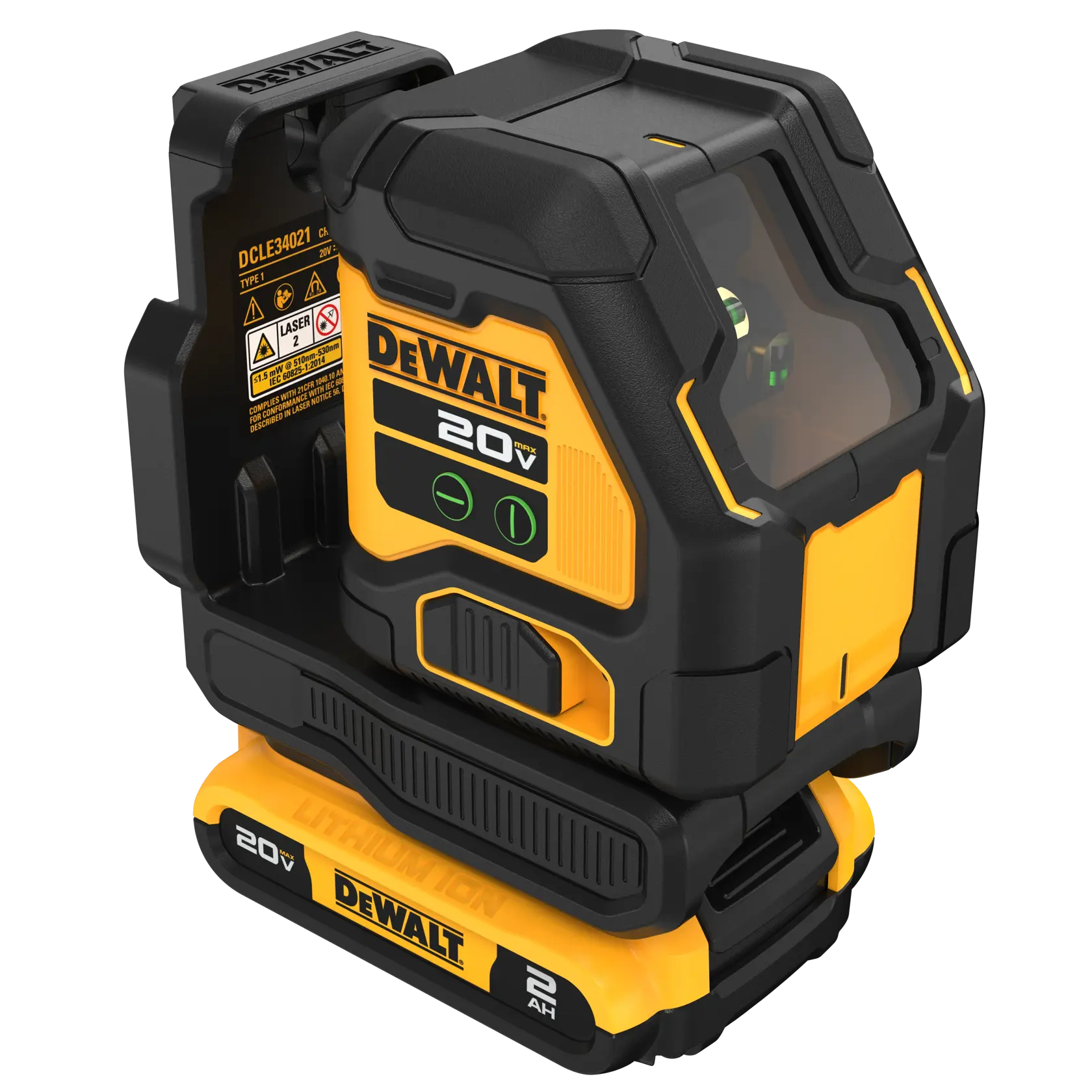 A DEWALT 20V lithium-ion battery-powered laser level device, model DCLE34021D1, featuring a black and yellow rugged exterior with control buttons and product labels visible.