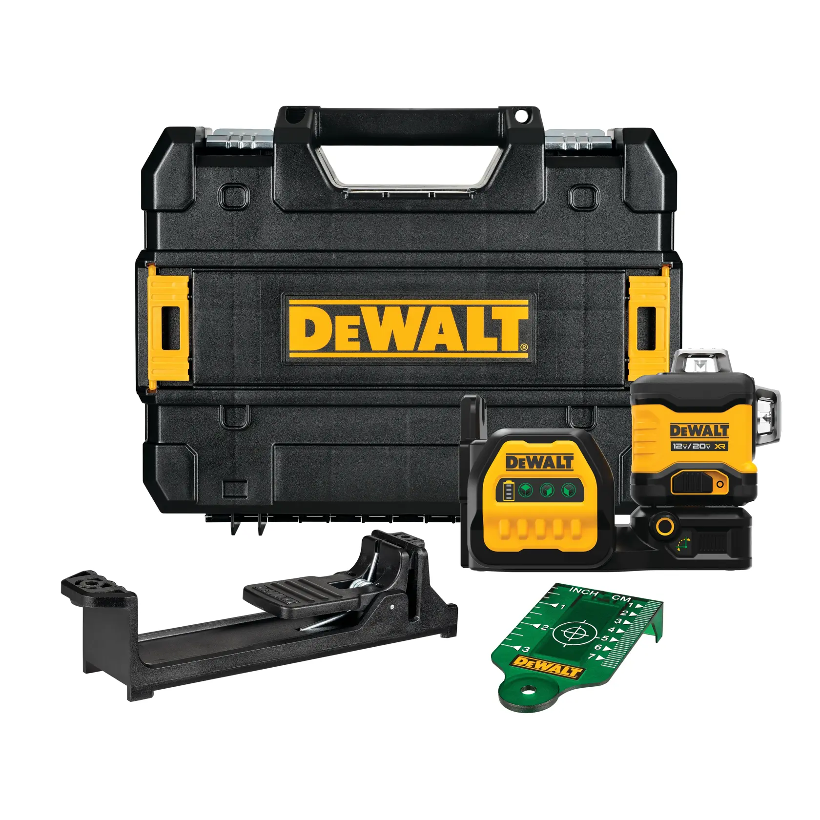 A DEWALT branded laser level set including a black and yellow carrying case, a laser level device, a battery unit, a mounting bracket, and a green laser target plate. All items are shown with the DEWALT logo.