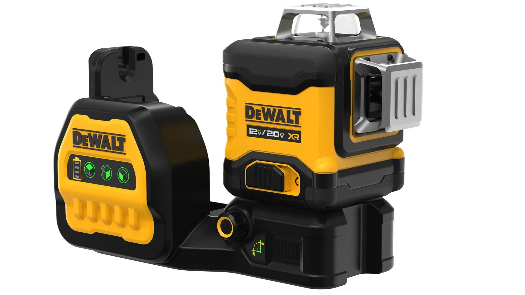 A DEWALT 12V/20V XR green line laser level, model DCLE34030G, designed for precision leveling in construction and photography, featuring a rugged yellow and black body with control buttons and mounting bracket.