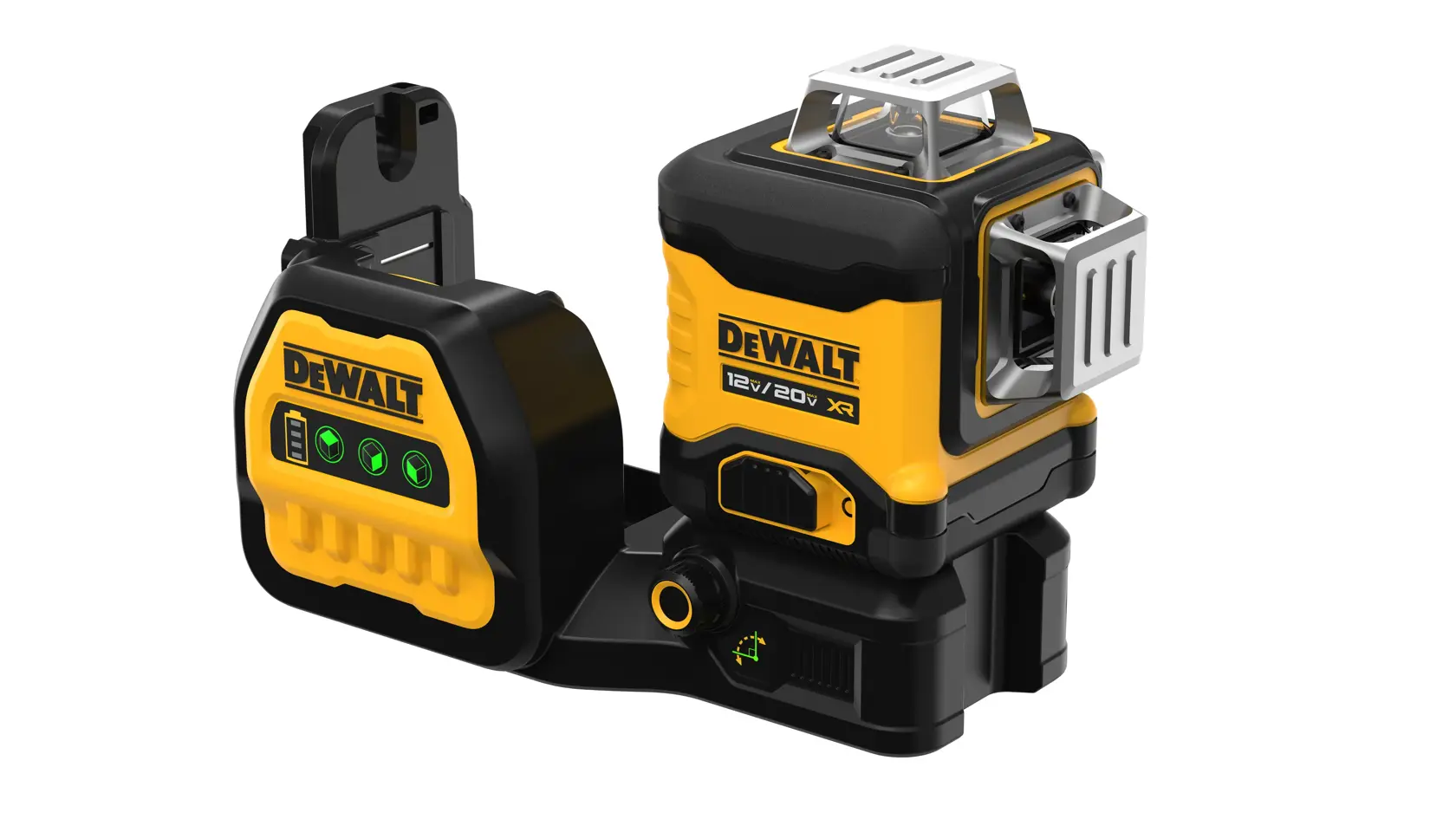 A DEWALT 12V/20V XR green laser level tool with a yellow and black body, featuring control buttons and a display on the front panel.