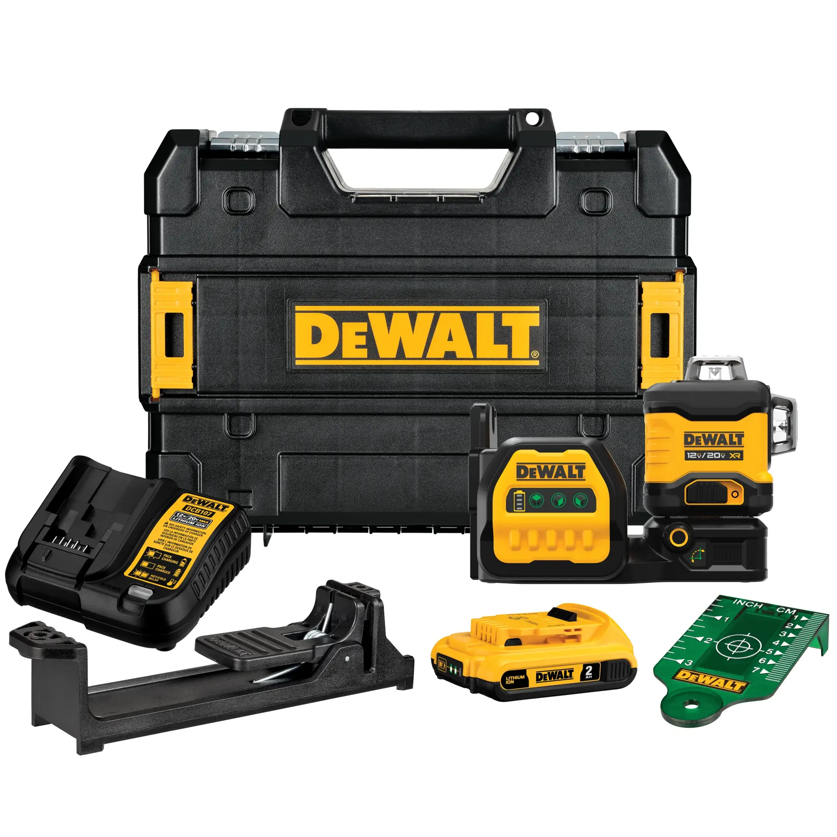 A DEWALT tool kit featuring a black and yellow carrying case, a laser level device, a battery charger, a battery pack, a mounting bracket, and a green measurement target plate.