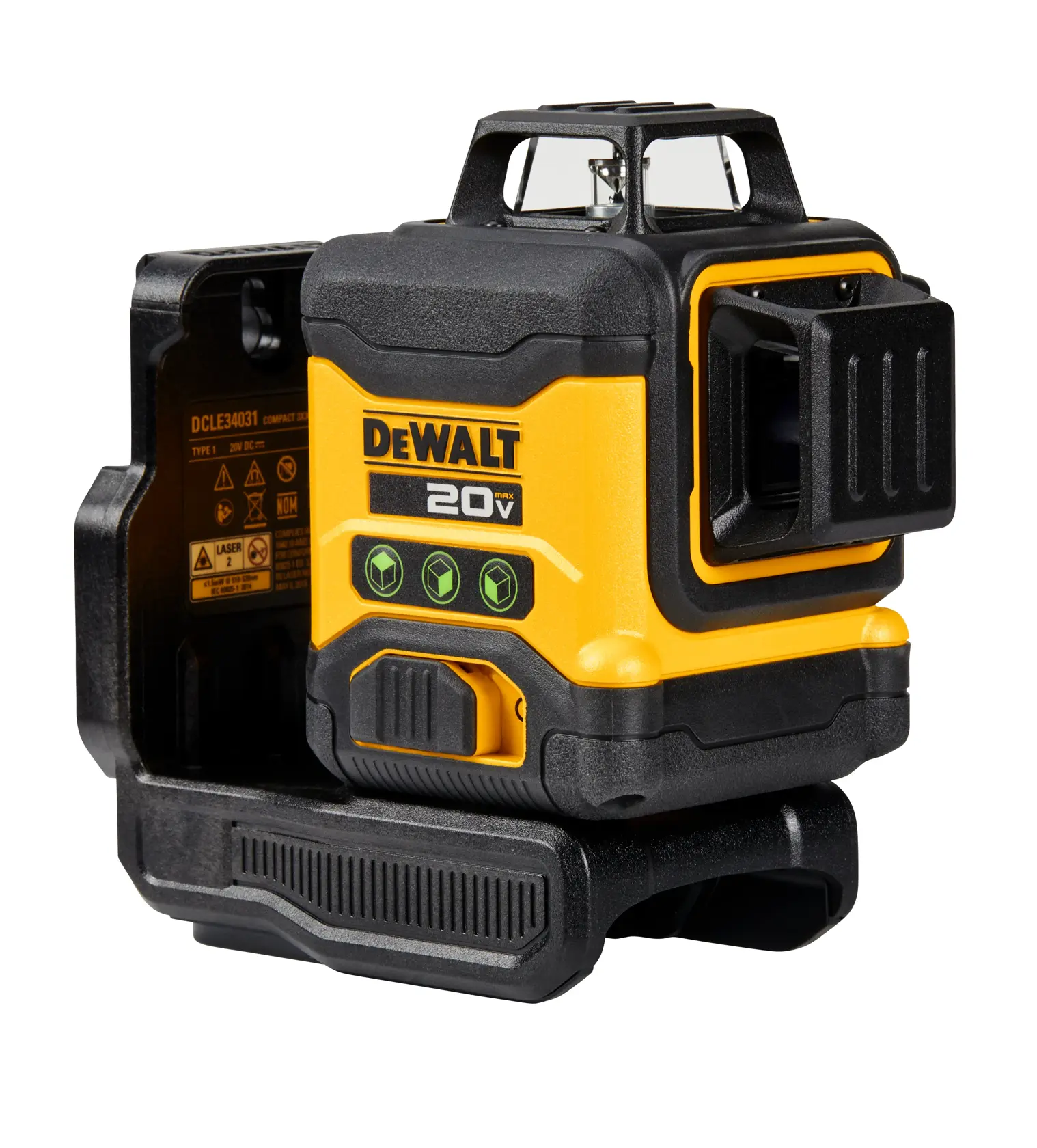 A DEWALT 20V professional laser level tool in yellow and black, designed for precise alignment and leveling in construction or photography applications.