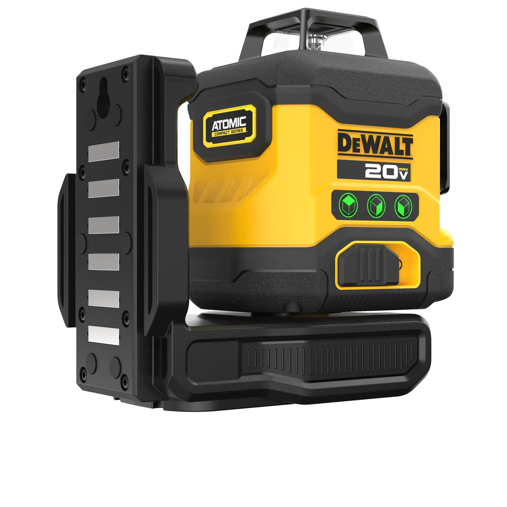 A DEWALT ATOMIC Compact Series 20V laser level tool in yellow and black, mounted on a black bracket. The tool features three green indicator buttons on the front and a sturdy adjustable base.