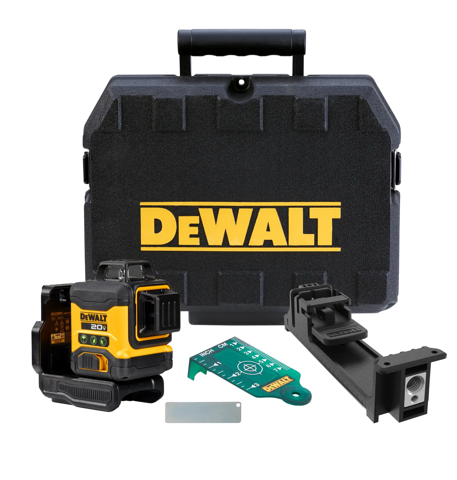A DEWALT 20V laser level kit is shown, including a yellow and black laser level device, a sturdy black carrying case with DEWALT logo, a green target card, a mounting bracket, and a small metal piece.