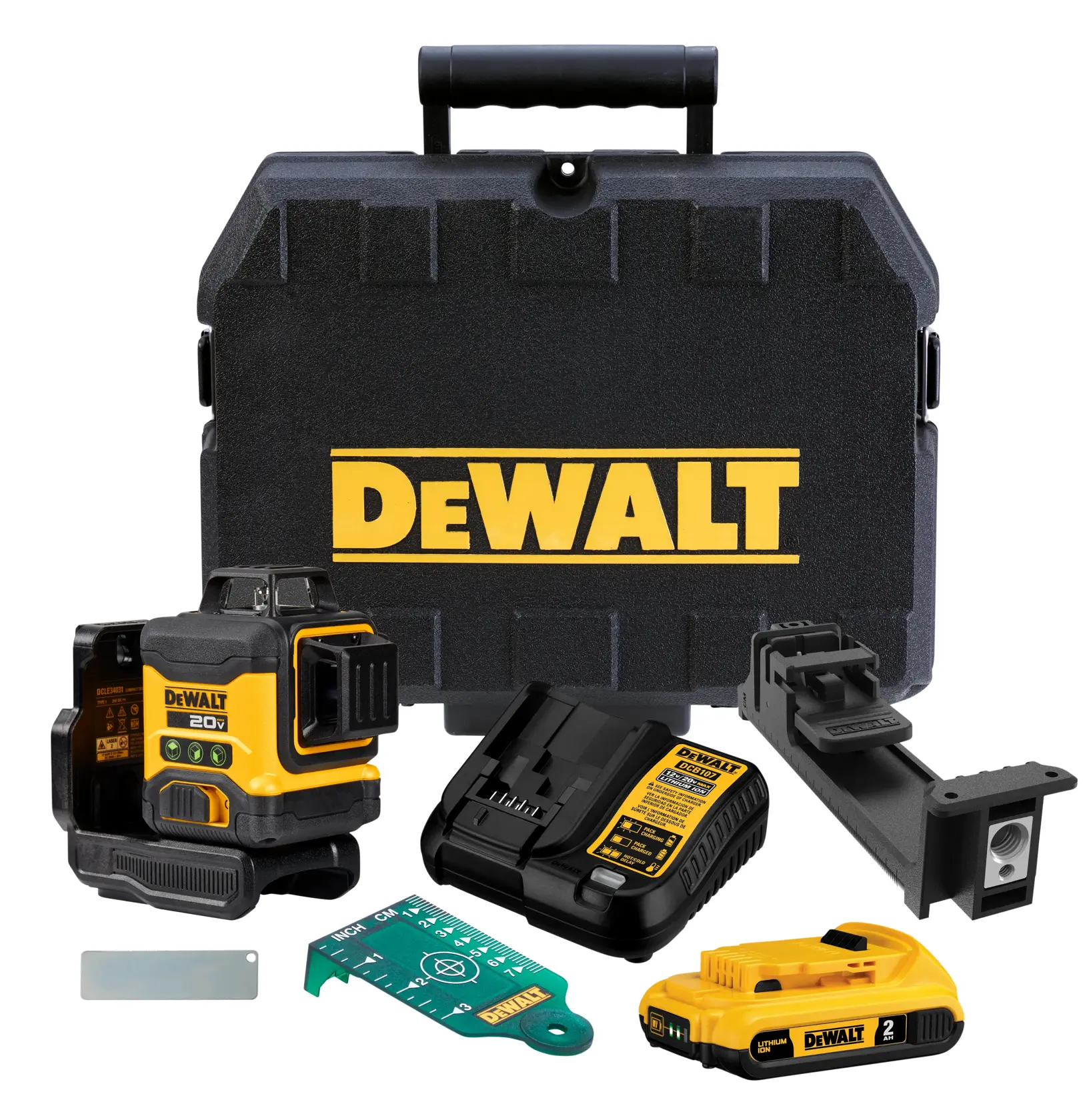 DEWALT laser level kit with case, battery, charger, and mounting accessories displayed together.
