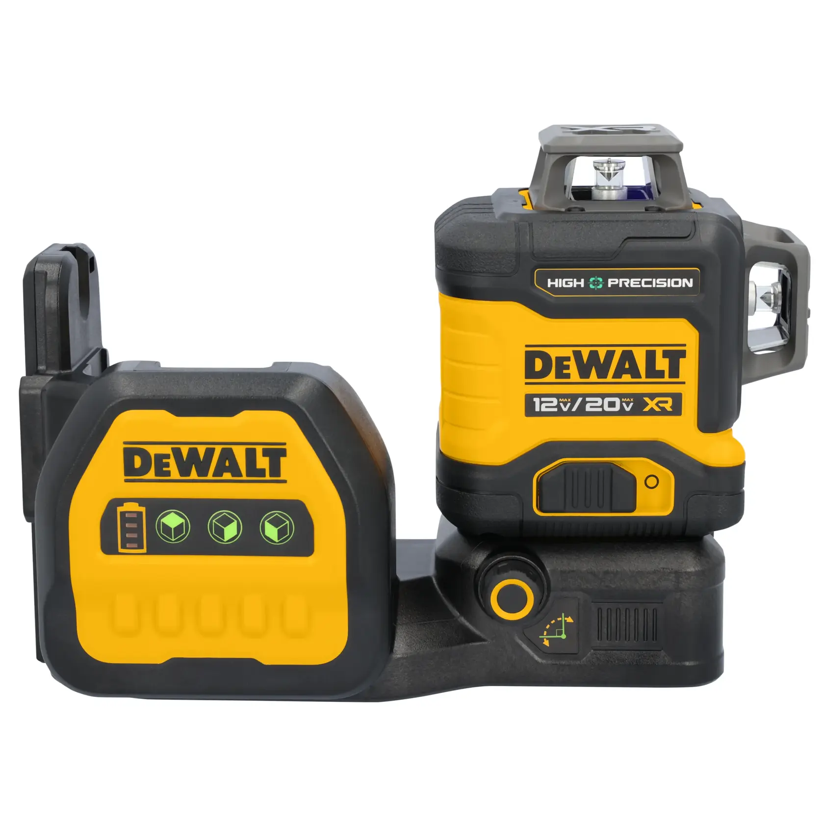 DEWALT high precision 12V/20V XR laser level device, featuring a yellow and black design, with indicator lights and branding on the front.