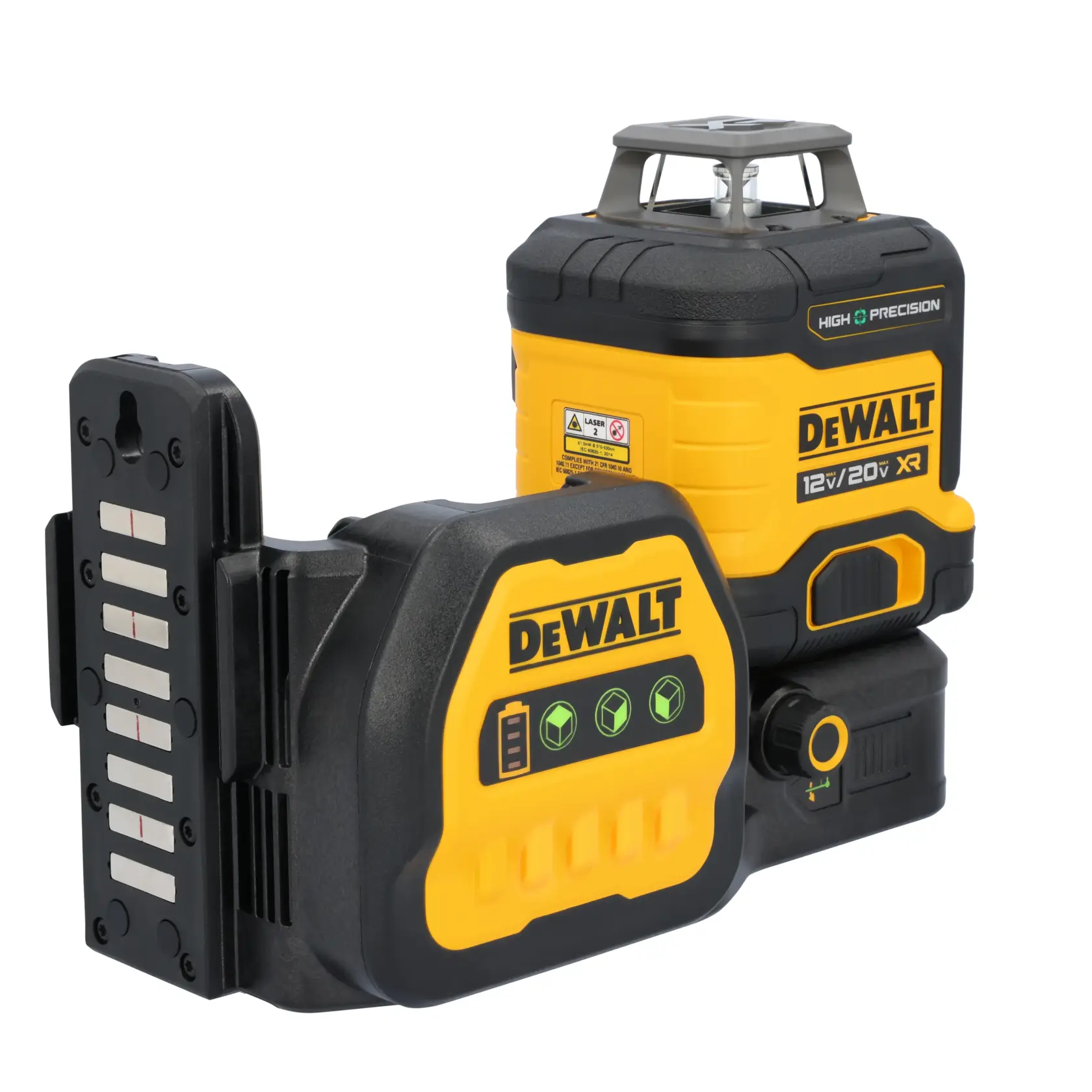 A DEWALT high precision laser level, model DCLE34033D1, shown with its yellow and black casing and digital control panel. The device is designed for construction and photography applications, and features a mounting bracket.
