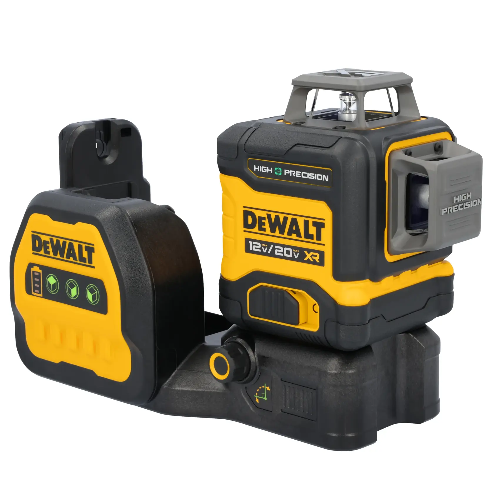 A DEWALT high precision self-leveling laser level device with a yellow and black design. The model features a 12V/20V XR rechargeable battery, control buttons, and is mounted on a sturdy base for accurate alignment in construction or photography tasks.