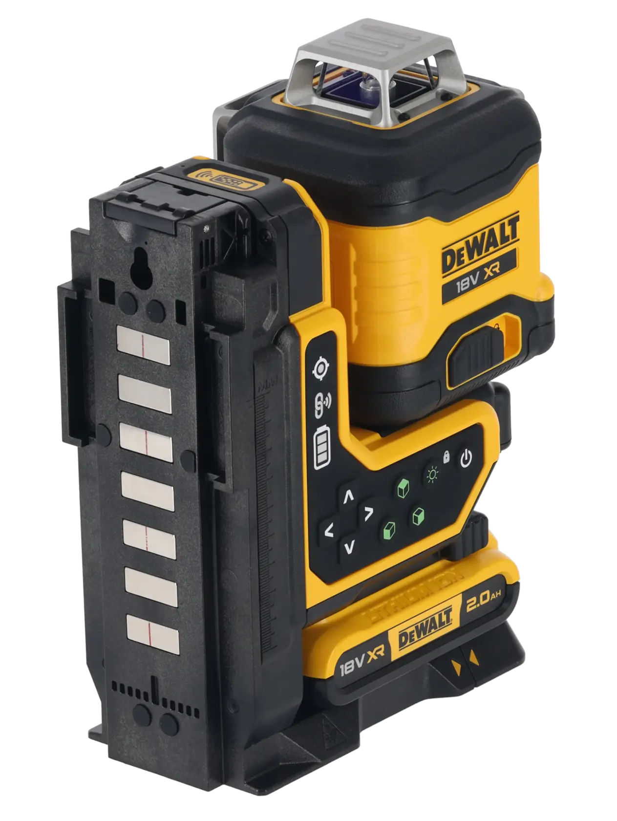 DEWALT 18V XR laser level device with control buttons and battery, suitable for precise measurement tasks.