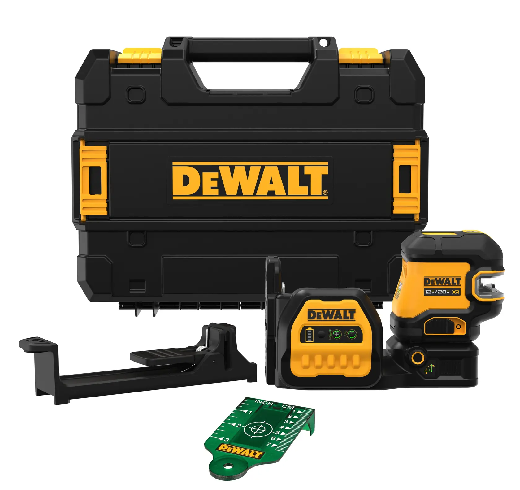 A DEWALT laser level kit including a black and yellow hard carrying case, a laser level device, a mounting bracket, and a green measurement target card.