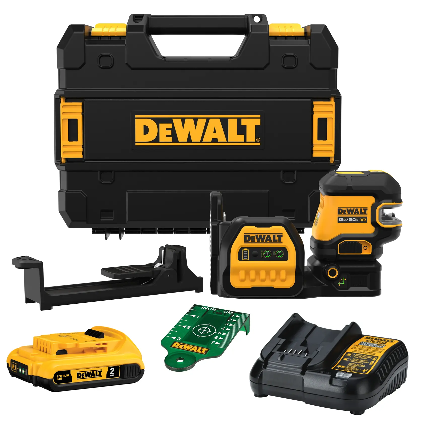 DEWALT laser level kit including a black and yellow hard carrying case, a laser level device, a battery pack, a battery charger, a mounting bracket, and a green target card. All items are displayed on a white background.