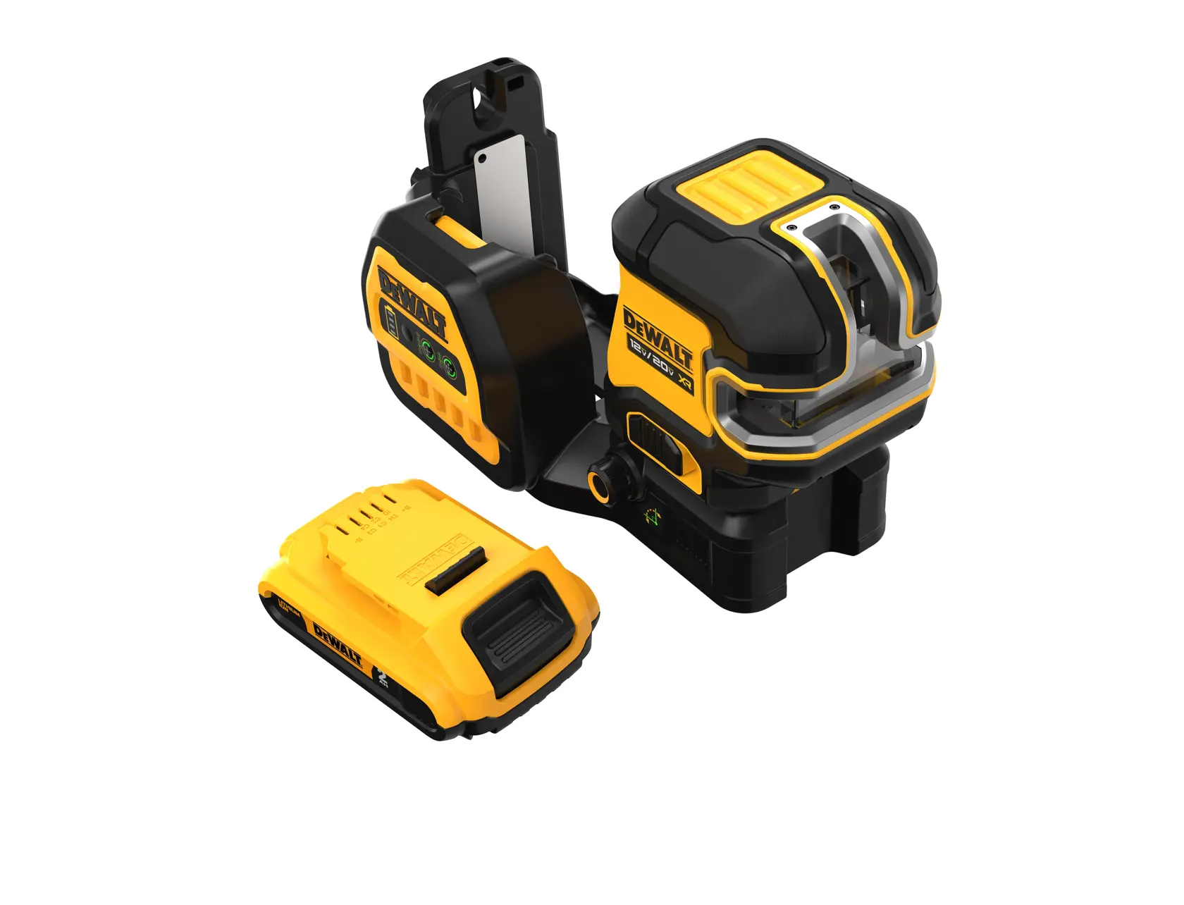 A DEWALT-branded yellow and black laser level tool set, including a main laser unit and a rechargeable battery, isolated on a white background.