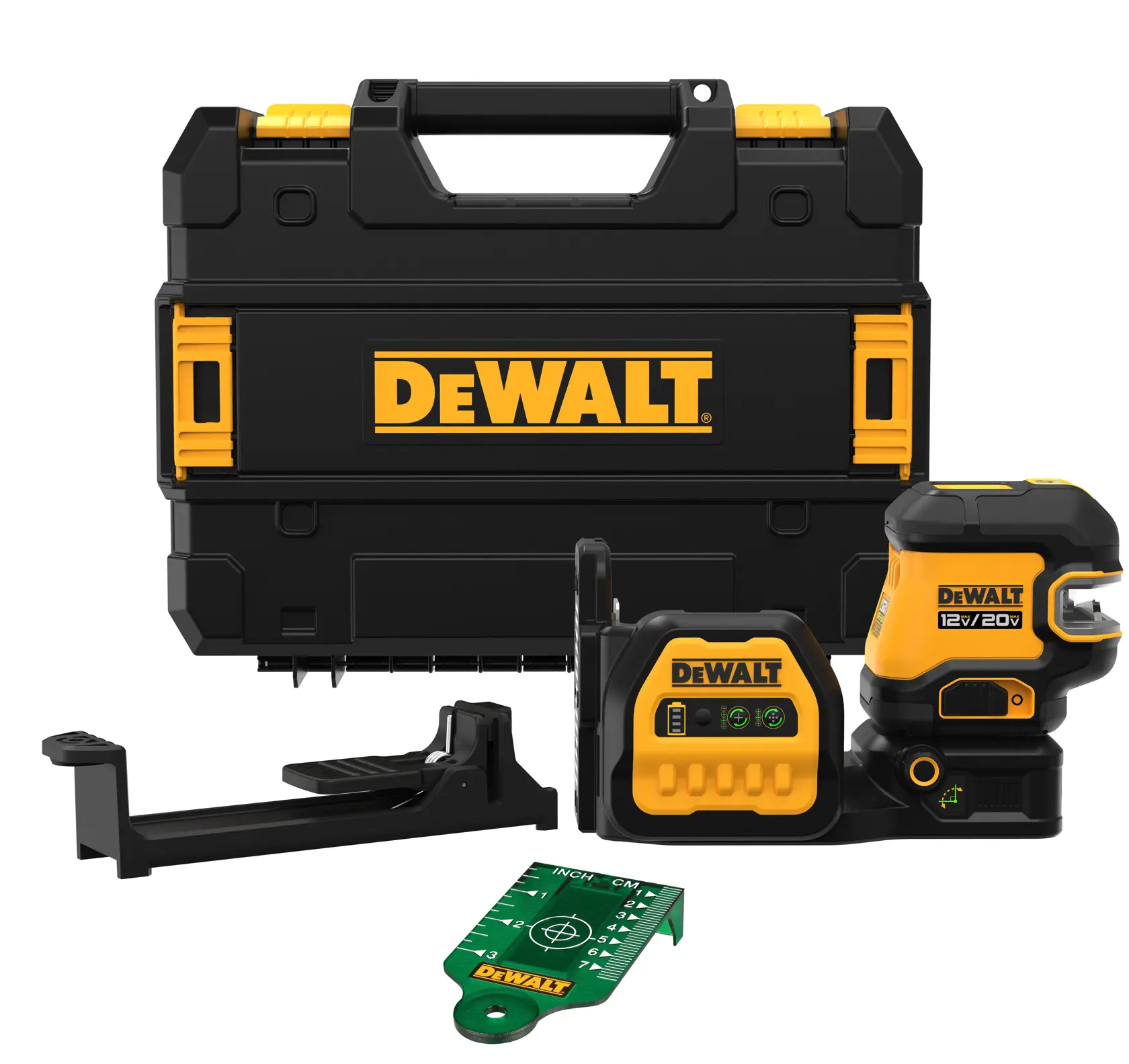 A DEWALT branded black and yellow laser level kit, including a sturdy carrying case, a laser level device, a mounting bracket, and a green measurement card, all designed for construction or alignment tasks.