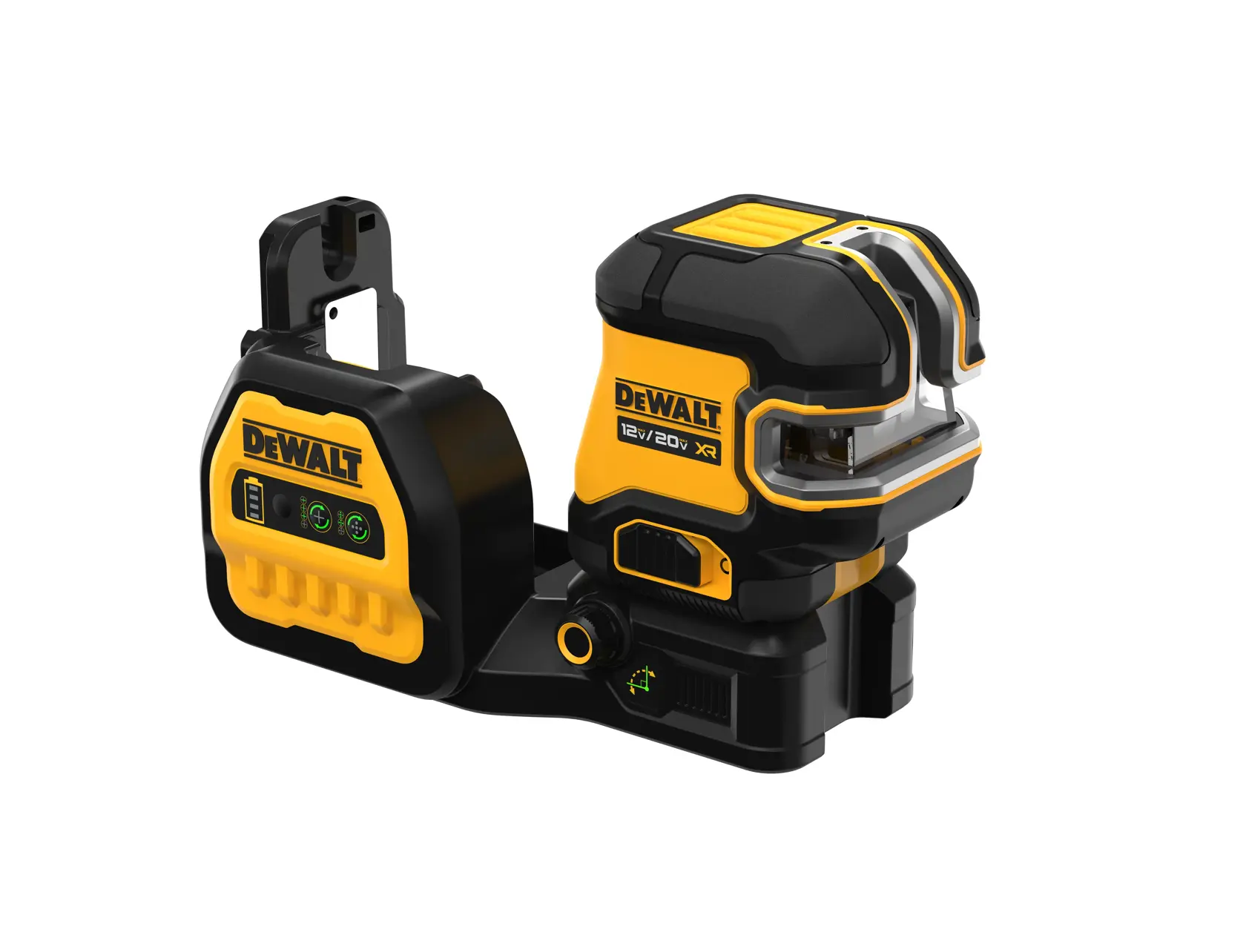 A DEWALT branded self-leveling cross line laser tool, model DCLE34520G, featuring a black and yellow color scheme. The tool is shown with a mounting bracket and control panel with indicator lights.