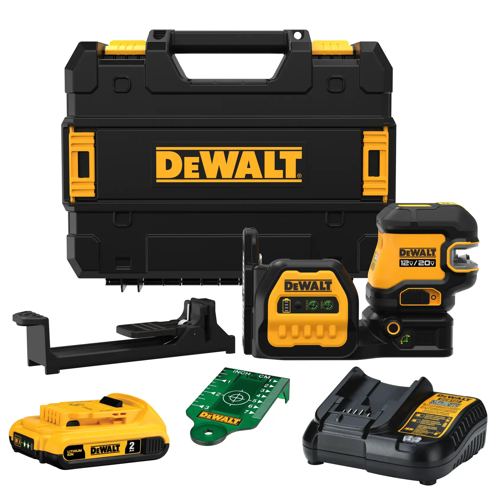 A DEWALT photography kit including a sturdy black and yellow carrying case, laser level tool, a rechargeable battery, a battery charger, a green measuring guide, and mounting accessories. All items are displayed neatly together.